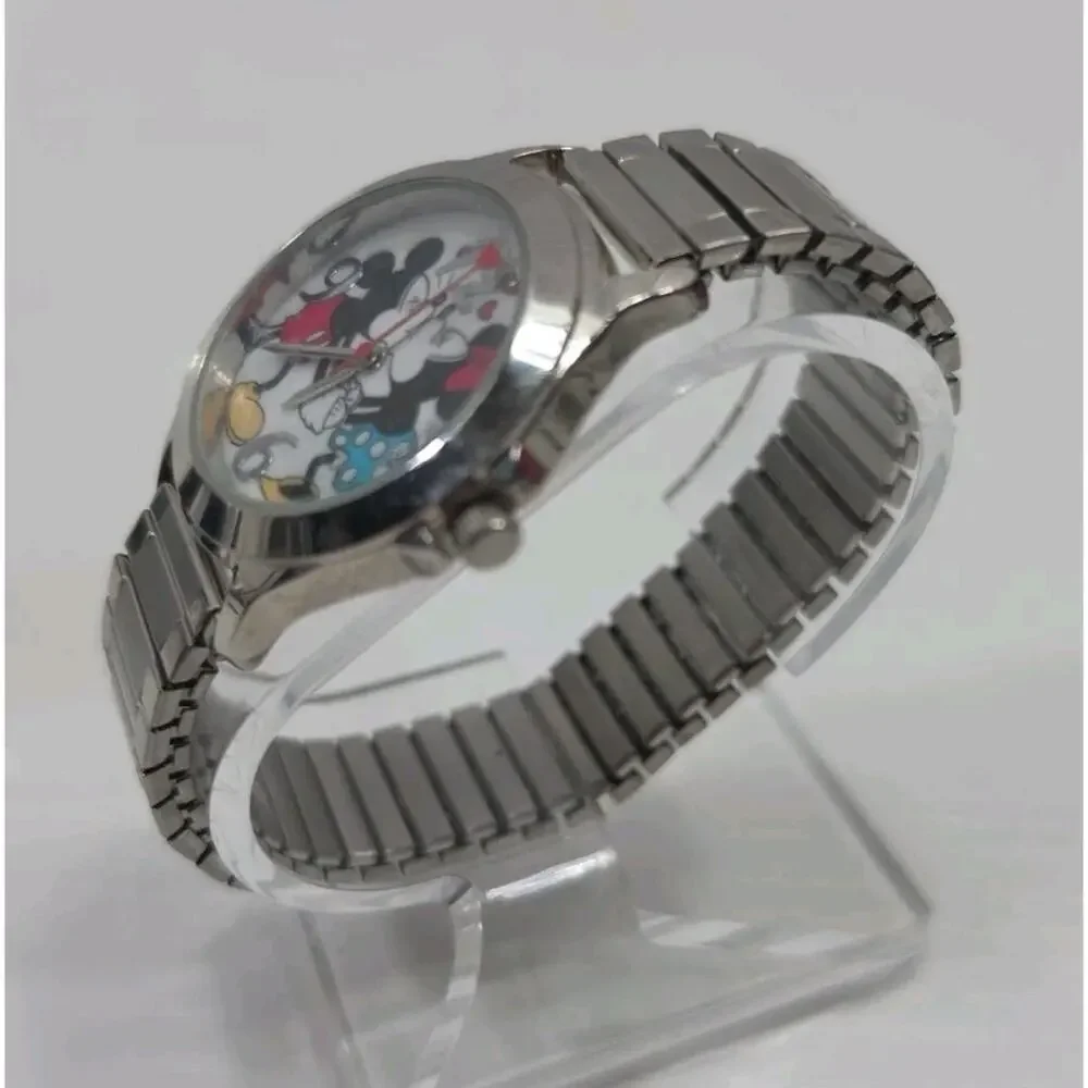 Disney Mickey & Minnie Mouse Kissing Silver Tone Stretch Band Watch New Battery